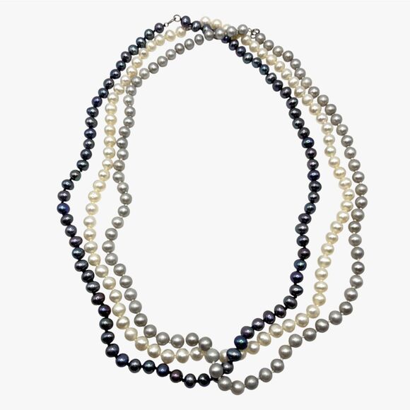 Freshwater Pearl Necklaces Lot Knotted Strands Gray Cream Peacock Sterling Clasp - Picture 9 of 9